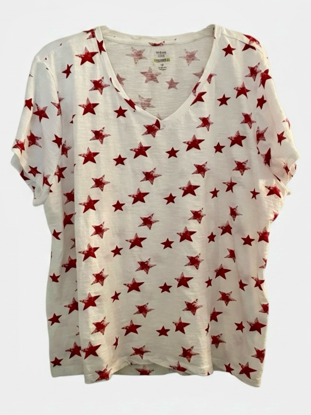 Women’s White and Red Star V-Neck 100% Cotton Tee - Plus Size 3X
